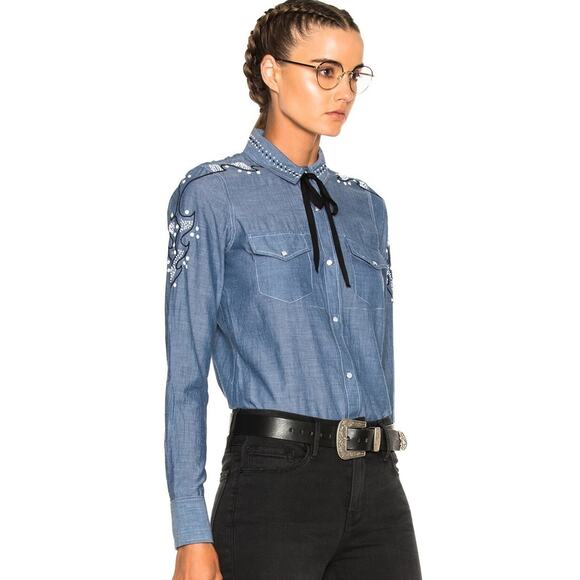 ULLA JOHNSON Willie Chambray Embroidered Western Snap Front Shirt Top 0 XS $230 - Picture 2 of 13